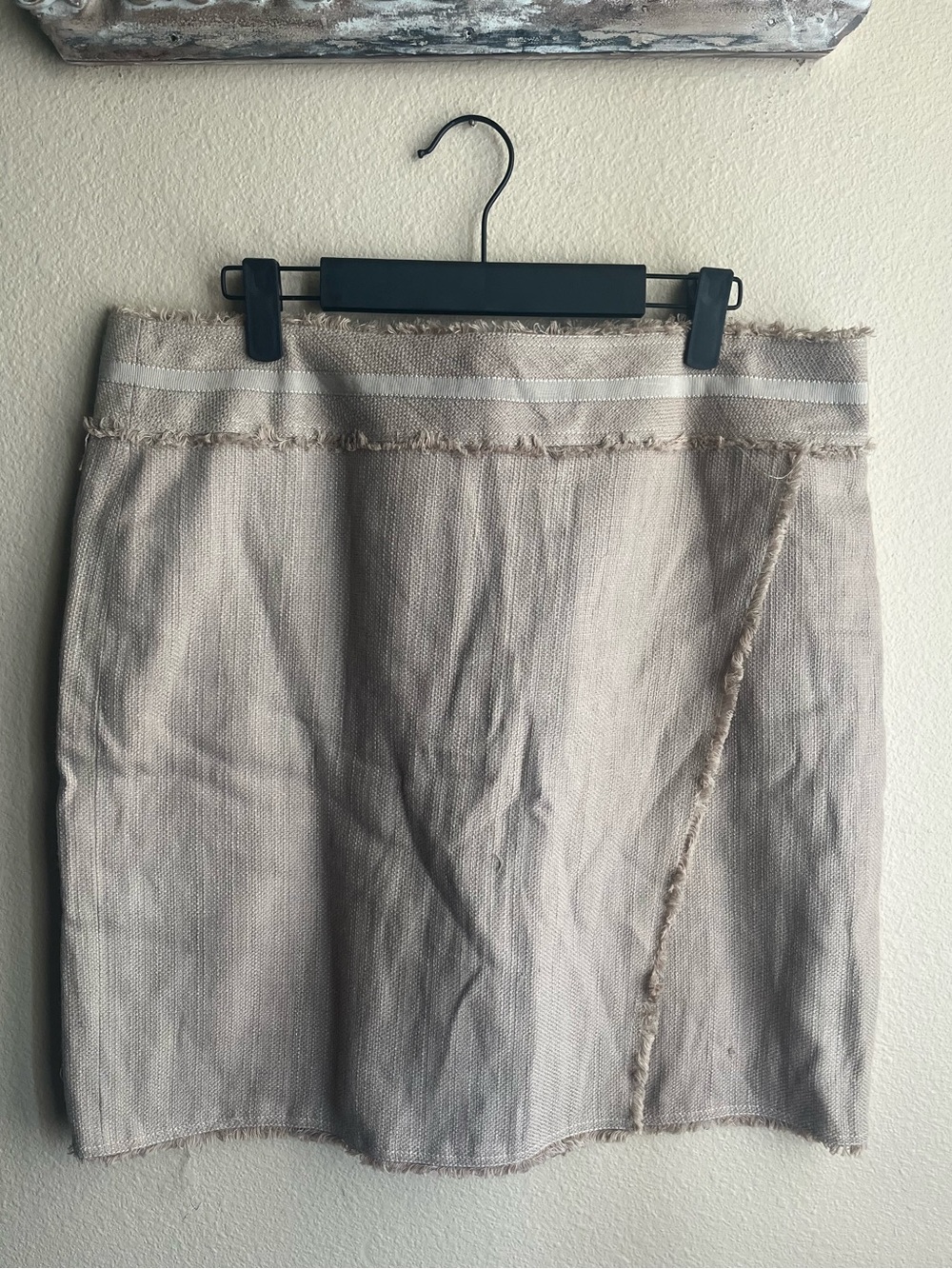 Ann Taylor Neutral Beige Frayed-Trim Mini Skirt